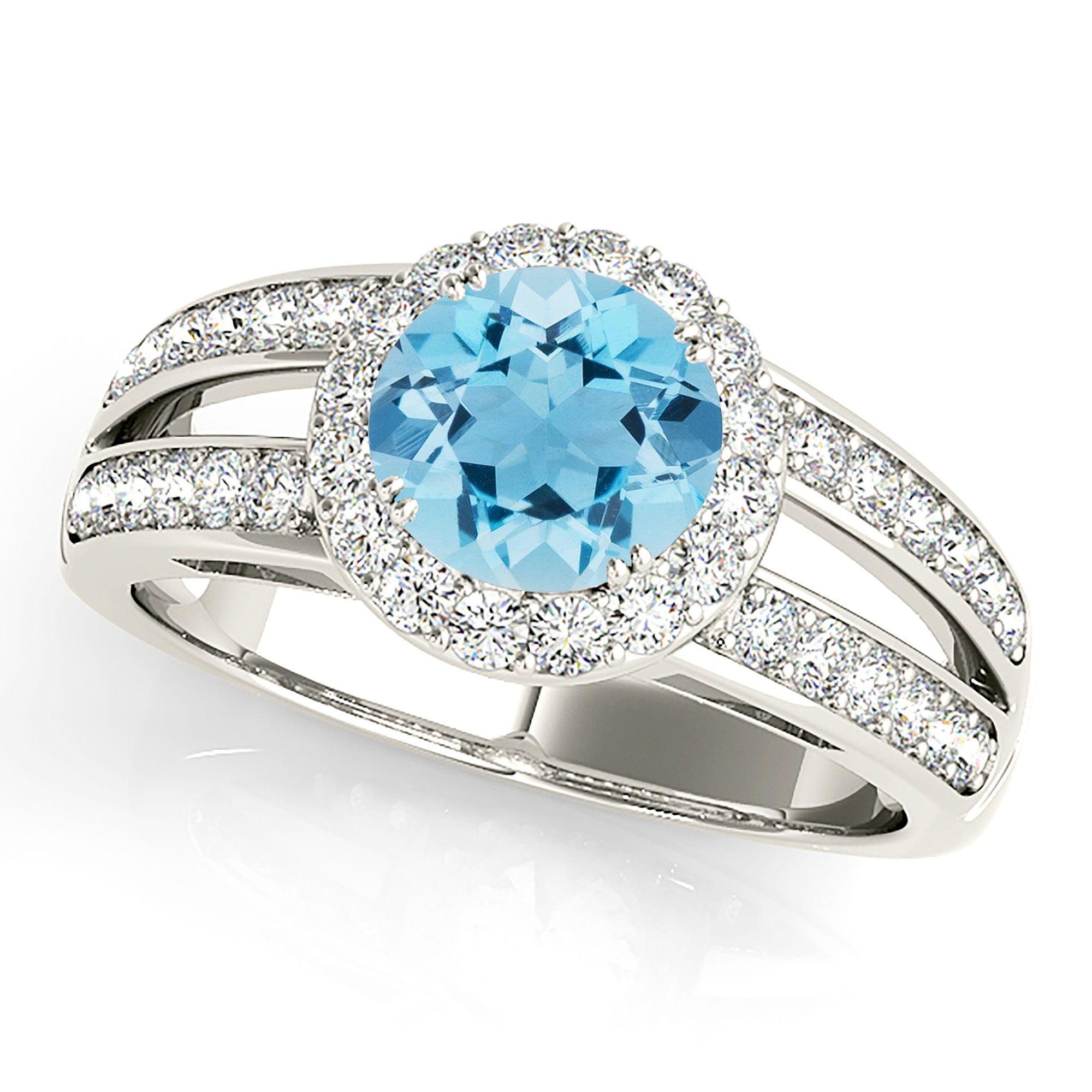 1.10 ct. Genuine Aquamarine Ring With 0.50 ctw. Diamond Halo And Split Diamond Band | Round Blue Aquamarine Halo Ring-VIRABYANI